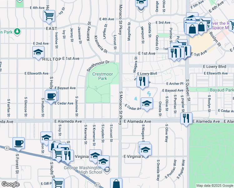 map of restaurants, bars, coffee shops, grocery stores, and more near 155 South Monaco Parkway in Denver
