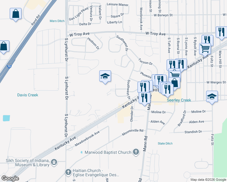 map of restaurants, bars, coffee shops, grocery stores, and more near 4640 Santa Fe Drive in Indianapolis