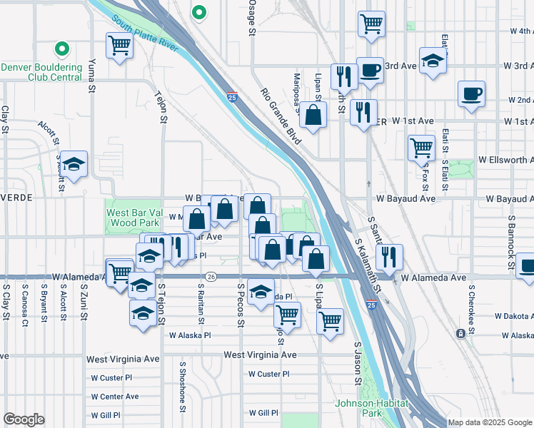 map of restaurants, bars, coffee shops, grocery stores, and more near 1331 West Maple Avenue in Denver