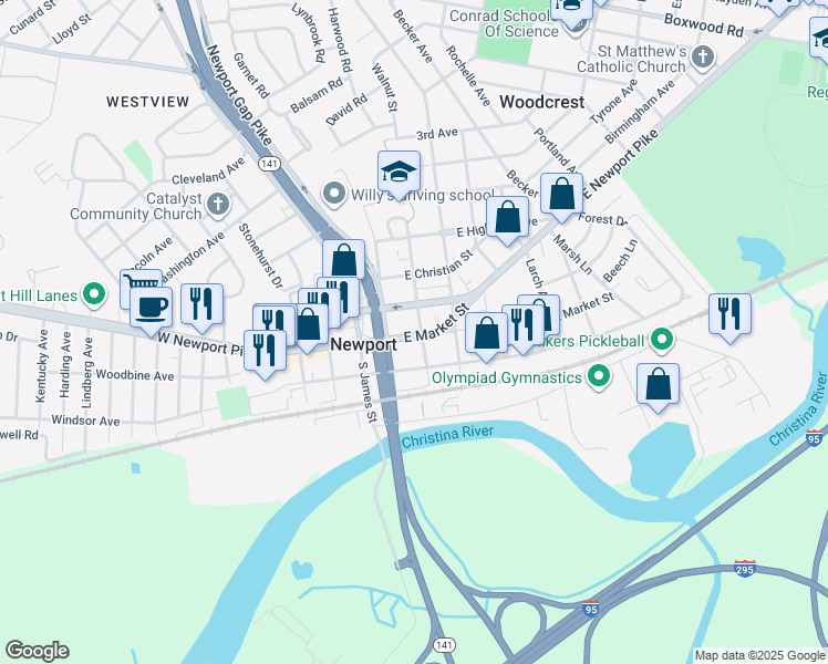 map of restaurants, bars, coffee shops, grocery stores, and more near 117 East Market Street in Newport
