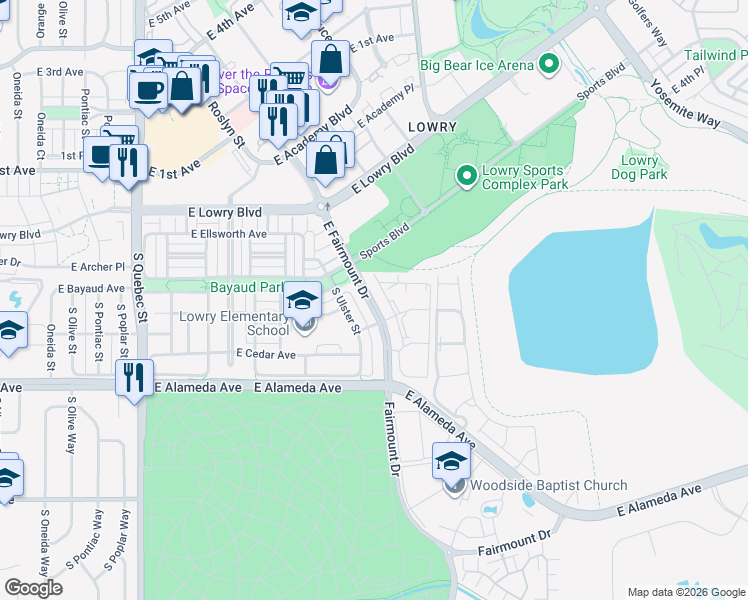 map of restaurants, bars, coffee shops, grocery stores, and more near 8112 East Fairmount Drive in Denver