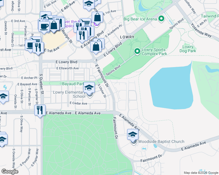 map of restaurants, bars, coffee shops, grocery stores, and more near 8112 East Fairmount Drive in Denver