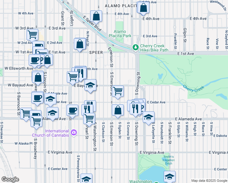 map of restaurants, bars, coffee shops, grocery stores, and more near 137 South Ogden Street in Denver