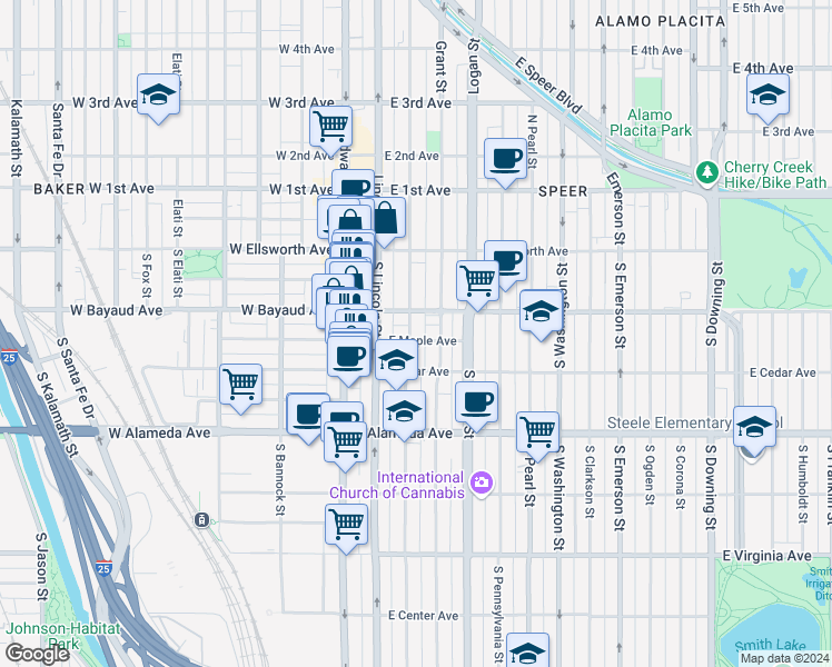 map of restaurants, bars, coffee shops, grocery stores, and more near 124 South Sherman Street in Denver