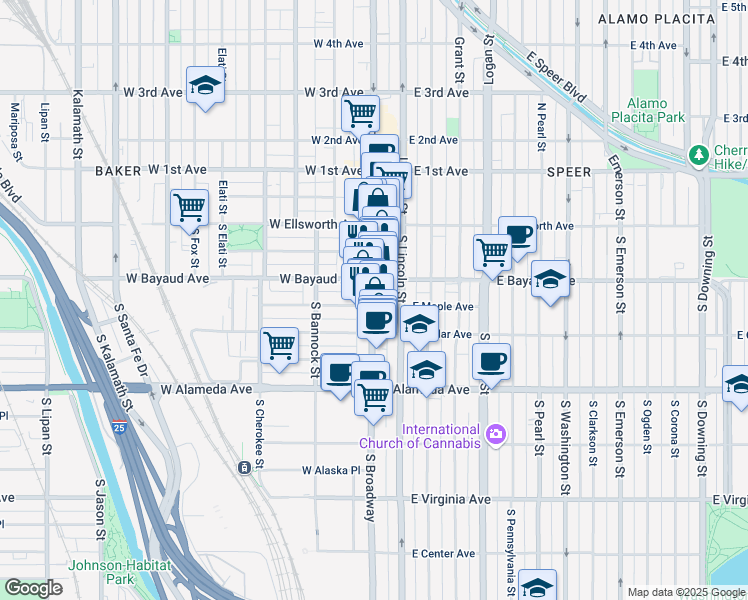 map of restaurants, bars, coffee shops, grocery stores, and more near 135 South Broadway in Denver