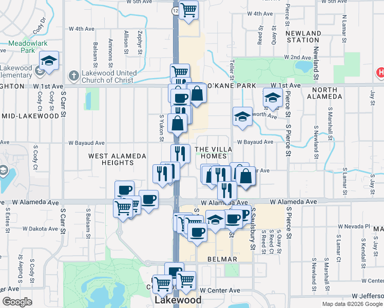 map of restaurants, bars, coffee shops, grocery stores, and more near 7472 West Cedar Circle in Lakewood