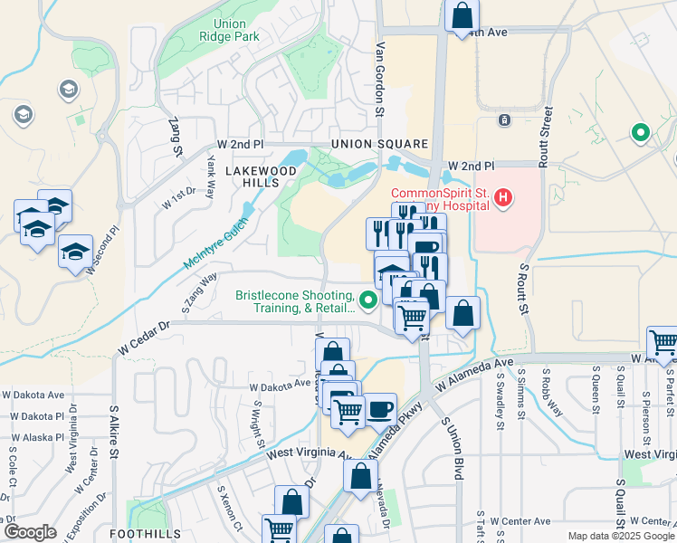 map of restaurants, bars, coffee shops, grocery stores, and more near 66 S Van Gordon St in Lakewood
