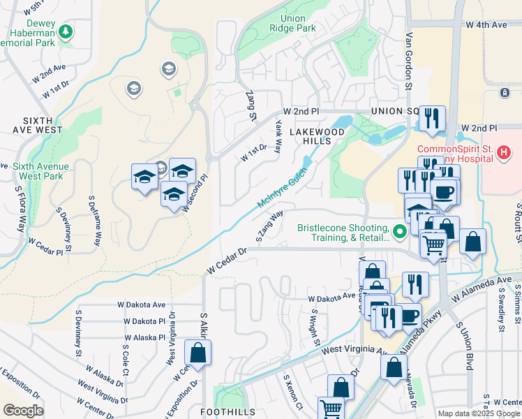 map of restaurants, bars, coffee shops, grocery stores, and more near 141 South Zang Way in Lakewood