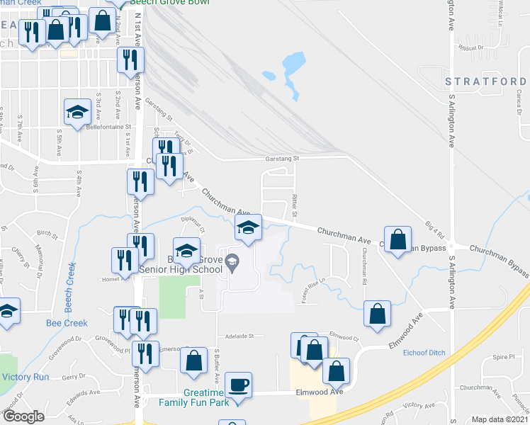 map of restaurants, bars, coffee shops, grocery stores, and more near 3641 Dandelion Avenue in Indianapolis