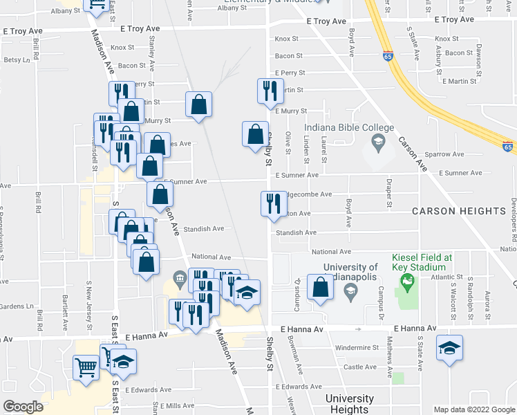 map of restaurants, bars, coffee shops, grocery stores, and more near 3554 Shelby Street in Indianapolis
