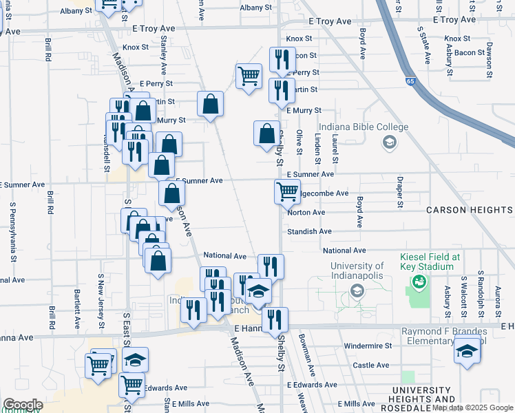 map of restaurants, bars, coffee shops, grocery stores, and more near 3554 Shelby Street in Indianapolis