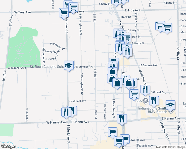 map of restaurants, bars, coffee shops, grocery stores, and more near 3624 Brill Road in Indianapolis
