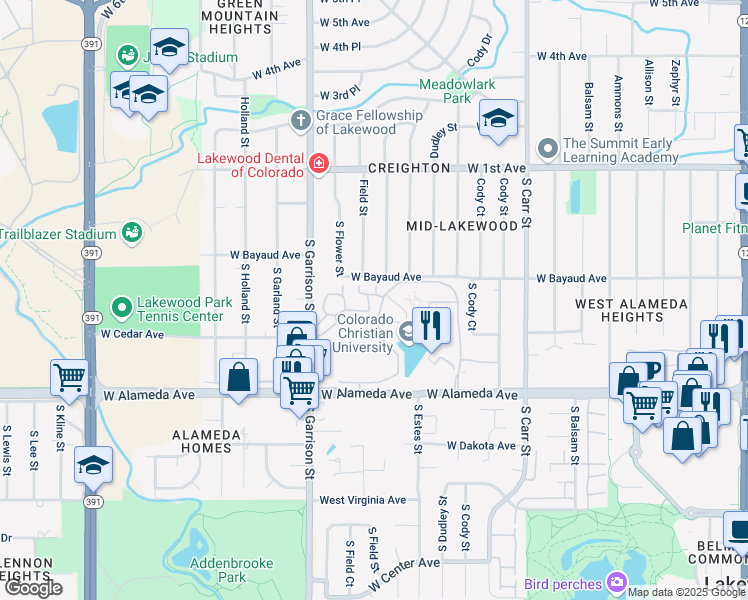 map of restaurants, bars, coffee shops, grocery stores, and more near 9133 West Cedar Drive in Lakewood