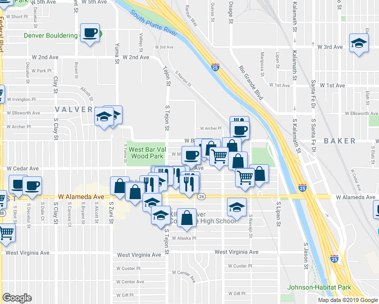 map of restaurants, bars, coffee shops, grocery stores, and more near 1515 West Maple Avenue in Denver