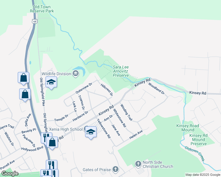 map of restaurants, bars, coffee shops, grocery stores, and more near 1092 Hillcrest Drive in Xenia