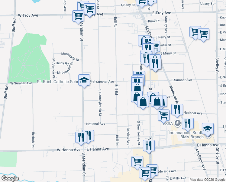 map of restaurants, bars, coffee shops, grocery stores, and more near 3624 Brill Rd in Indianapolis