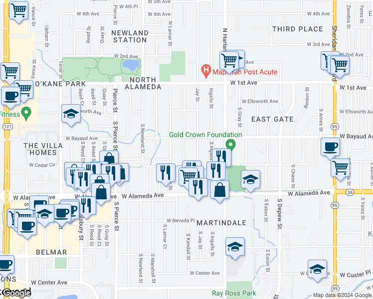 map of restaurants, bars, coffee shops, grocery stores, and more near 140 South Kendall Street in Lakewood