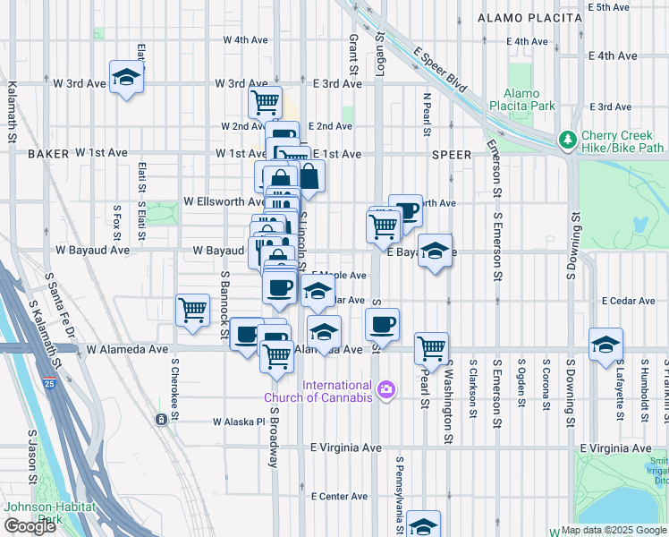 map of restaurants, bars, coffee shops, grocery stores, and more near 124 South Sherman Street in Denver