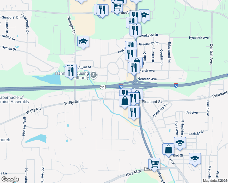 map of restaurants, bars, coffee shops, grocery stores, and more near 3602 Hiawatha Street in Hannibal