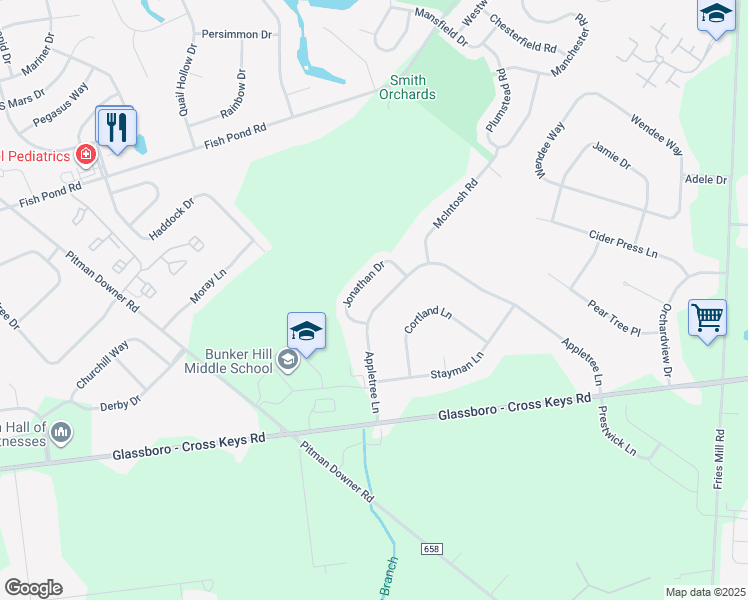 map of restaurants, bars, coffee shops, grocery stores, and more near 86 Appletree Lane in Washington Township