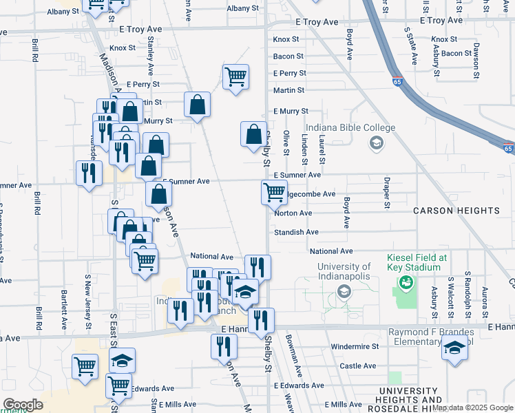map of restaurants, bars, coffee shops, grocery stores, and more near 3554 Shelby Street in Indianapolis