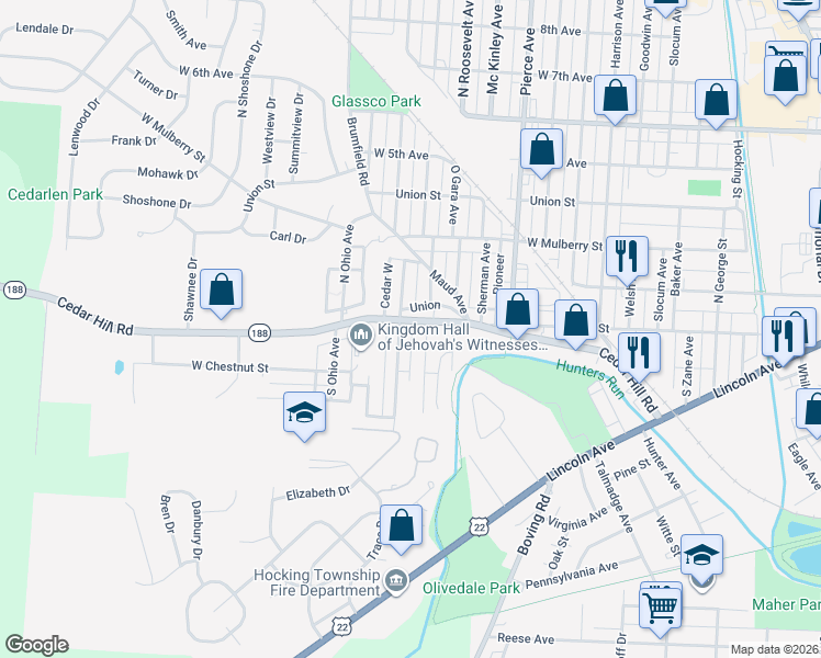 map of restaurants, bars, coffee shops, grocery stores, and more near 116 South Cedar Avenue in Lancaster