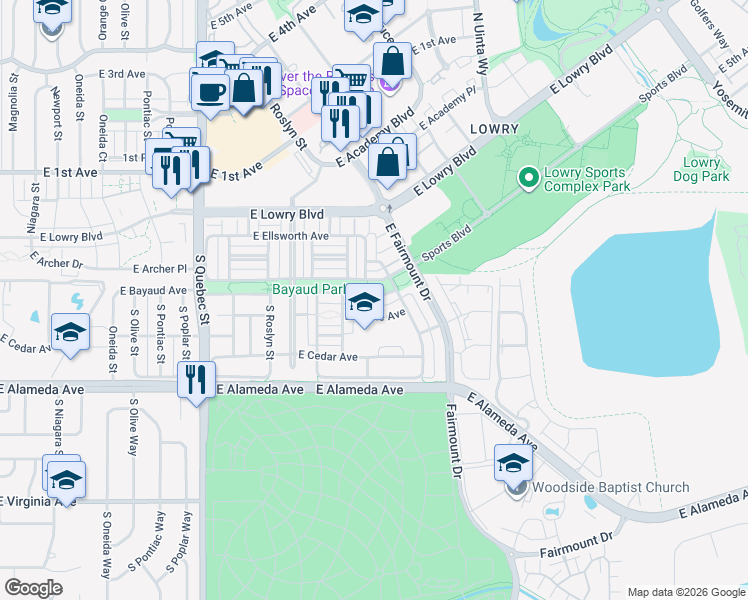 map of restaurants, bars, coffee shops, grocery stores, and more near 7994 East Bayaud Avenue in Denver