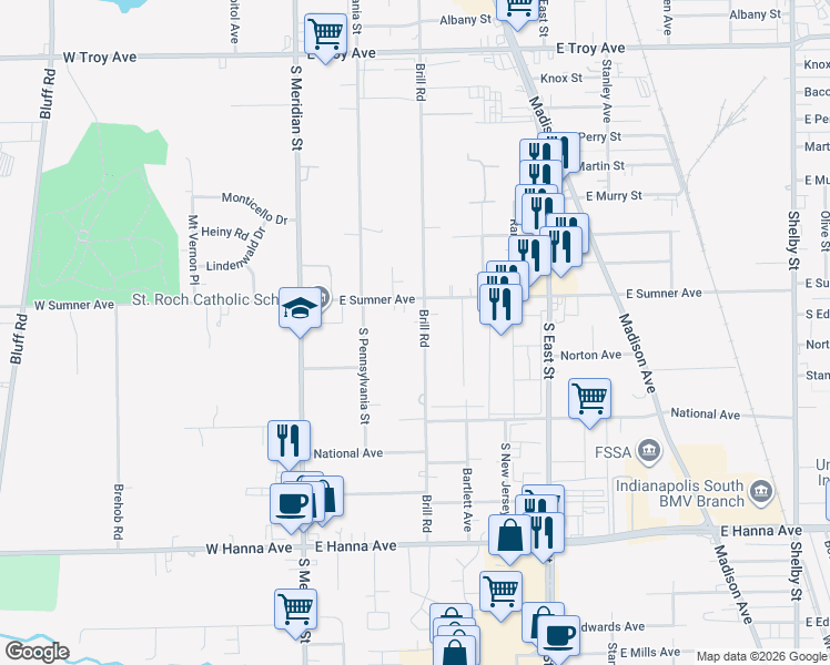 map of restaurants, bars, coffee shops, grocery stores, and more near 3624 Brill Road in Indianapolis