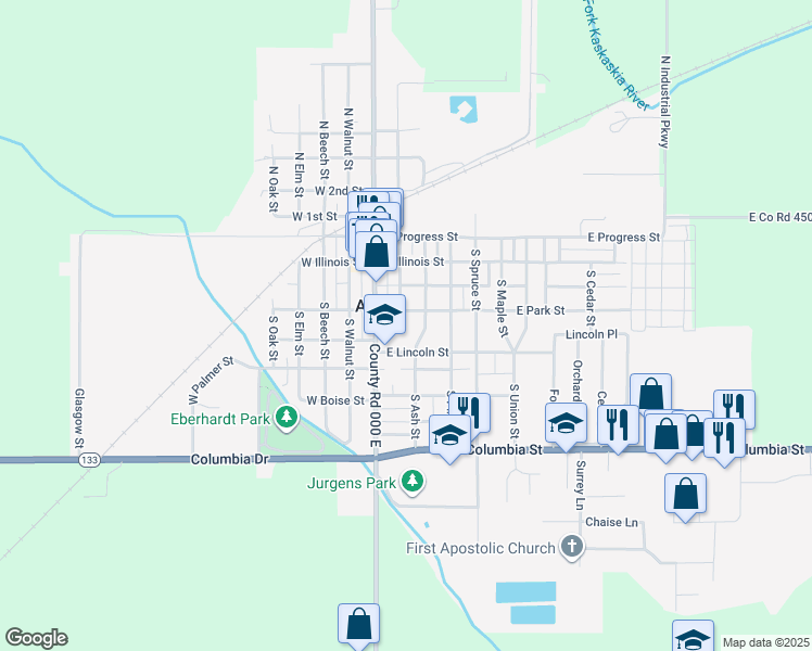 map of restaurants, bars, coffee shops, grocery stores, and more near 126 East Lincoln Street in Arthur