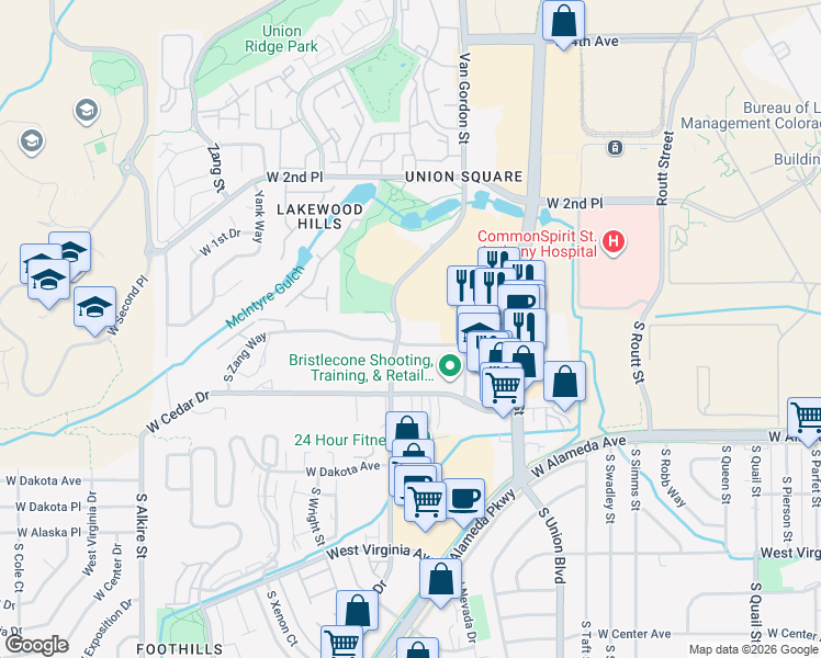 map of restaurants, bars, coffee shops, grocery stores, and more near 66 South Van Gordon Street in Lakewood