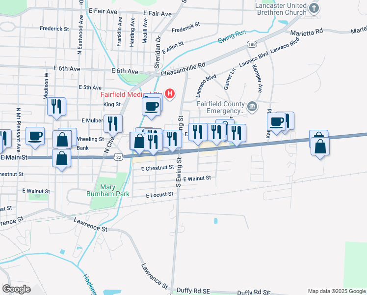 map of restaurants, bars, coffee shops, grocery stores, and more near 1301 East Main Street in Lancaster