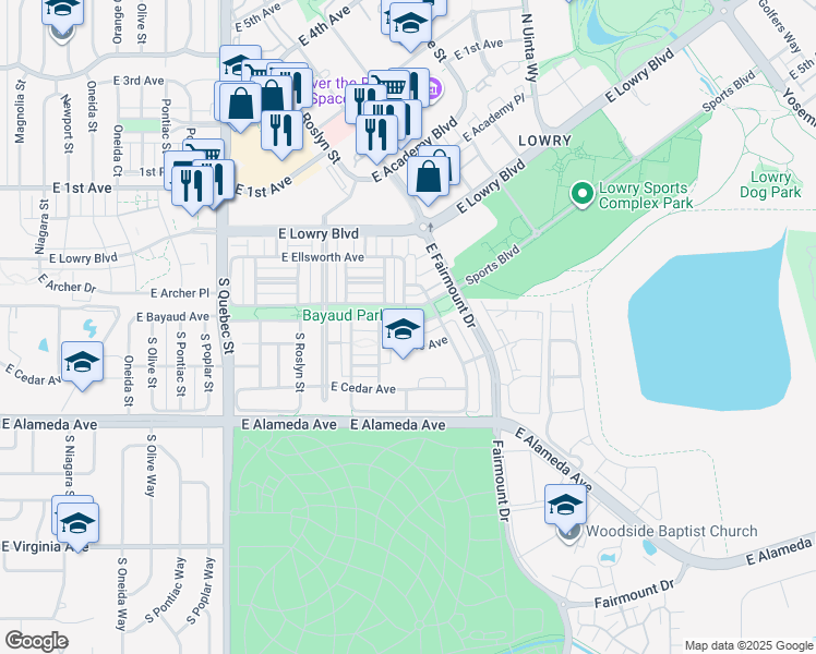 map of restaurants, bars, coffee shops, grocery stores, and more near 7994 East Bayaud Avenue in Denver