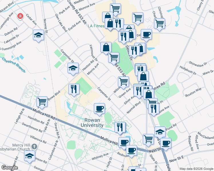 map of restaurants, bars, coffee shops, grocery stores, and more near 28 Williamsburg Court in Glassboro