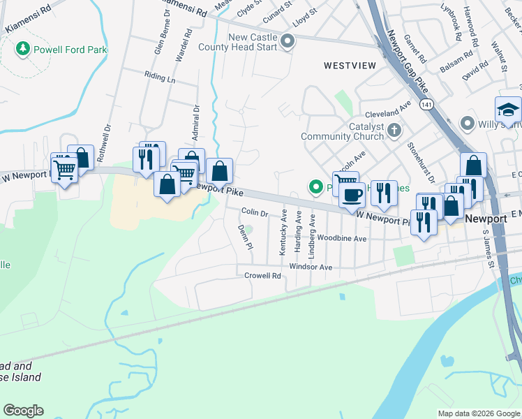map of restaurants, bars, coffee shops, grocery stores, and more near 1303 Colin Drive in Wilmington