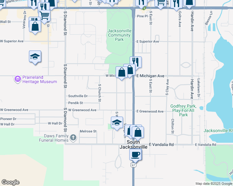 map of restaurants, bars, coffee shops, grocery stores, and more near 301 West Pennsylvania Avenue in Jacksonville