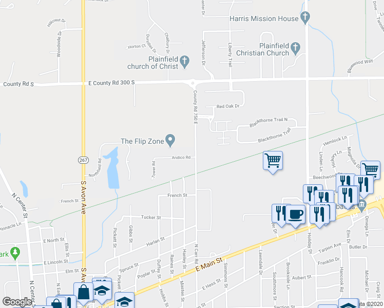 map of restaurants, bars, coffee shops, grocery stores, and more near 704 Andico Road in Plainfield