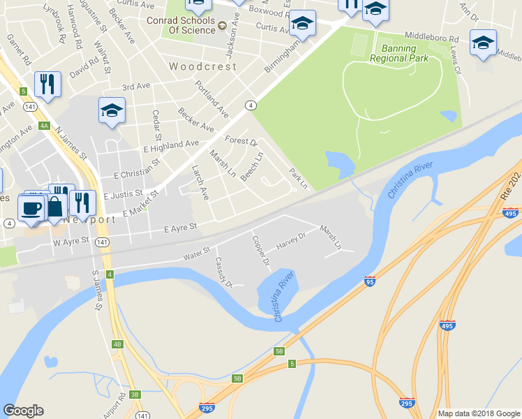 map of restaurants, bars, coffee shops, grocery stores, and more near 1400 East Ayre Street in Wilmington