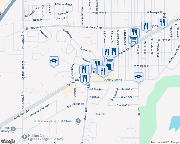 map of restaurants, bars, coffee shops, grocery stores, and more near in Indianapolis