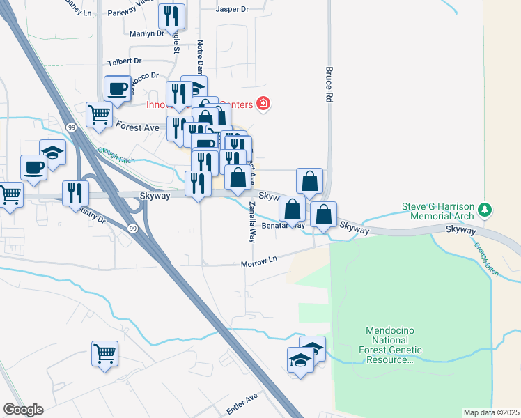 map of restaurants, bars, coffee shops, grocery stores, and more near 2515 Zanella Way in Chico