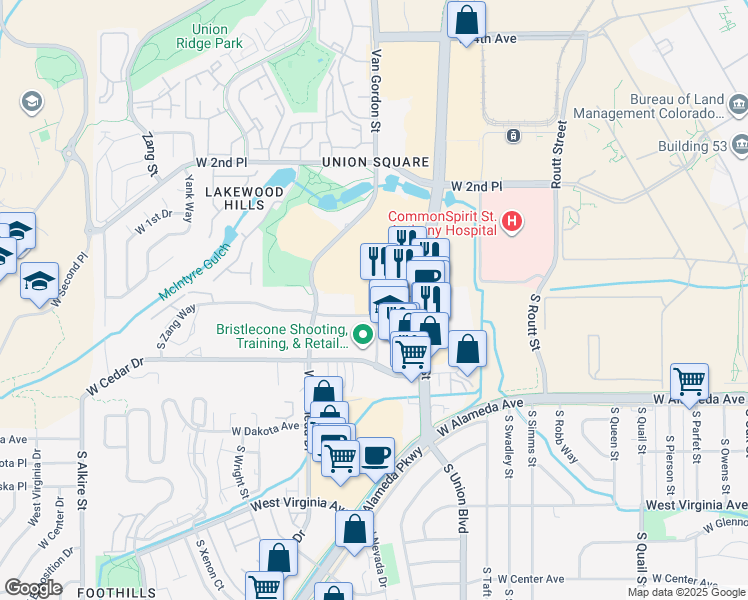 map of restaurants, bars, coffee shops, grocery stores, and more near 85 South Union Boulevard in Lakewood