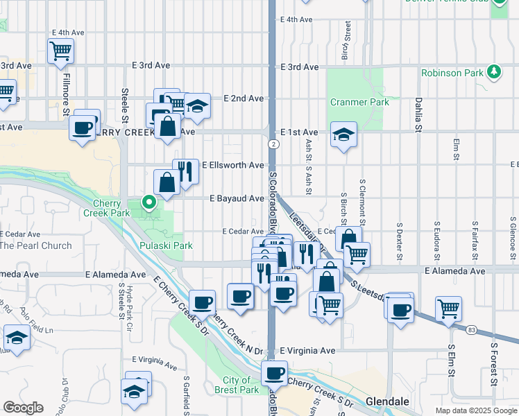 map of restaurants, bars, coffee shops, grocery stores, and more near 127 South Harrison Street in Denver