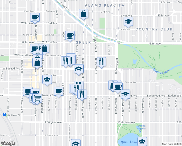 map of restaurants, bars, coffee shops, grocery stores, and more near 140 South Clarkson Street in Denver