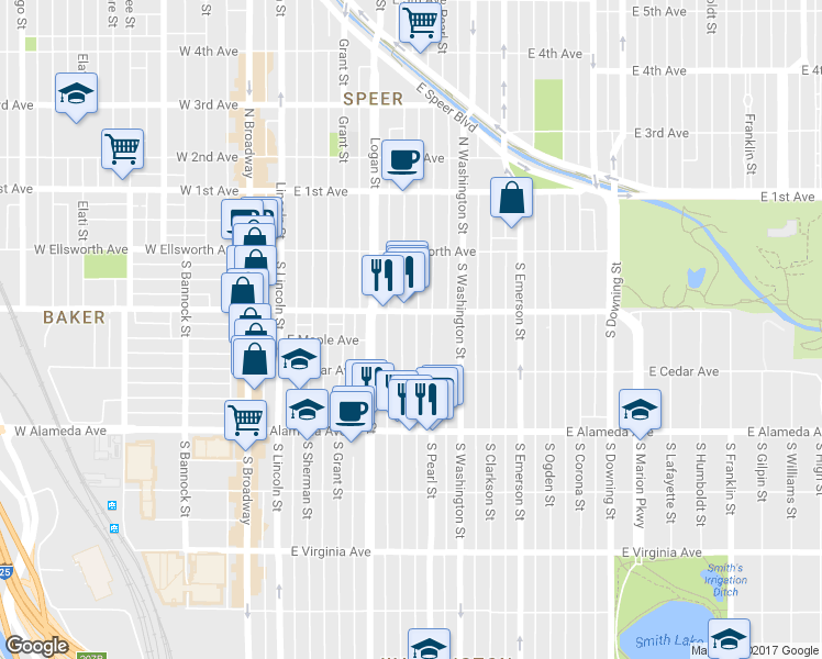map of restaurants, bars, coffee shops, grocery stores, and more near 141 South Pearl Street in Denver