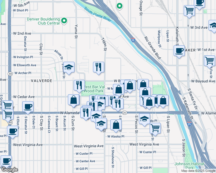 map of restaurants, bars, coffee shops, grocery stores, and more near 1573 West Maple Avenue in Denver