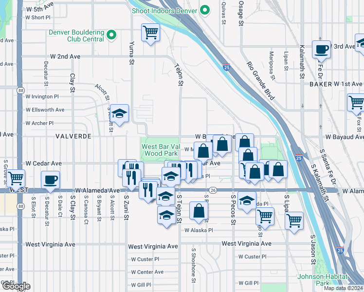 map of restaurants, bars, coffee shops, grocery stores, and more near 1573 West Maple Avenue in Denver