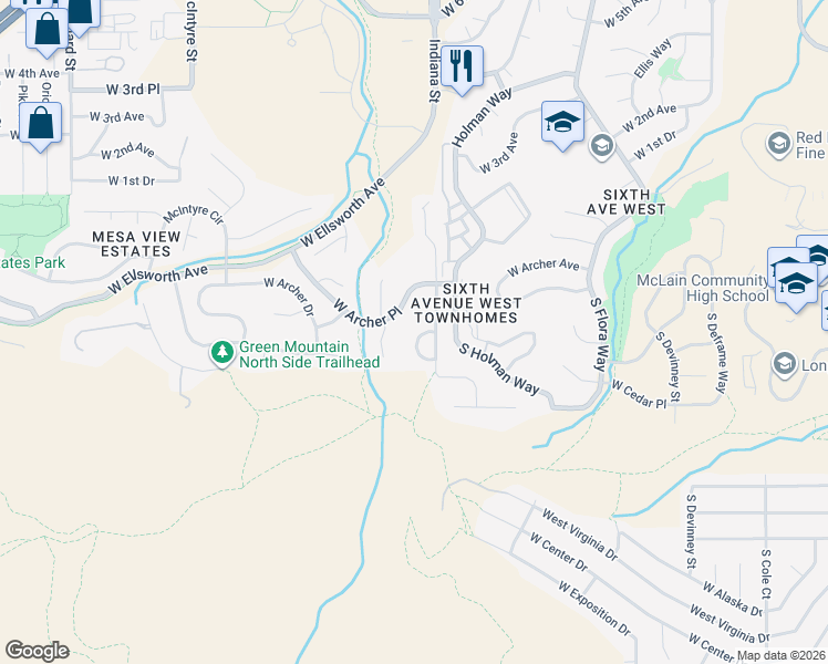 map of restaurants, bars, coffee shops, grocery stores, and more near 133 South Indiana Way in Golden