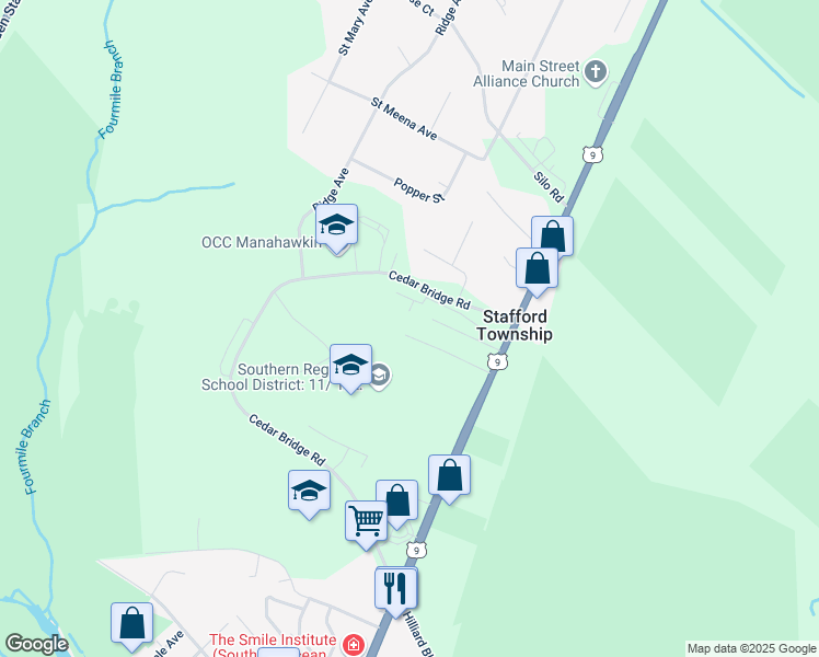 map of restaurants, bars, coffee shops, grocery stores, and more near 48 Fairview Terrace in Stafford Township