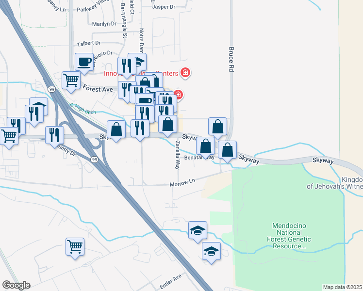 map of restaurants, bars, coffee shops, grocery stores, and more near 2515 Zanella Way in Chico