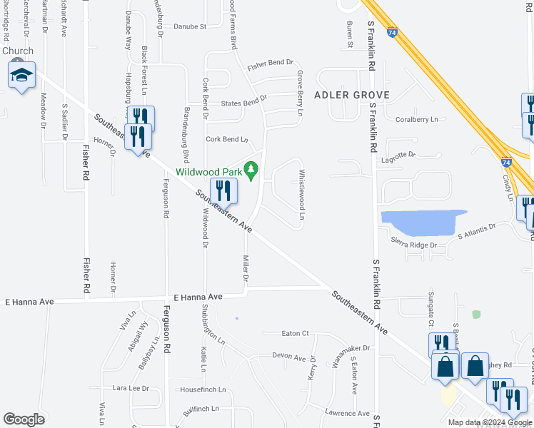 map of restaurants, bars, coffee shops, grocery stores, and more near 8041 Whistlewood Drive in Indianapolis