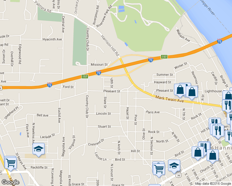 map of restaurants, bars, coffee shops, grocery stores, and more near 1703 Pleasant Street in Hannibal